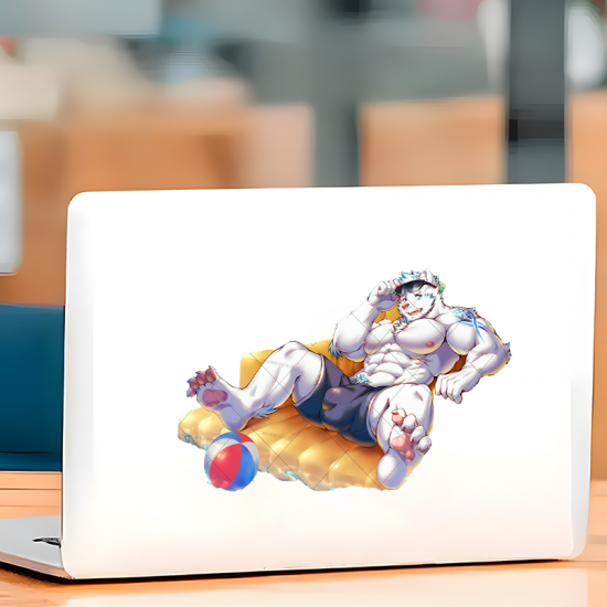Furry White Tiger Beach Day Sticker, durable and weather-resistant, perfect for outdoor gear and vehicles. Vinyl car decals suitable for cars, motorcycles, laptops, computers, backpacks, water bottles, and more.