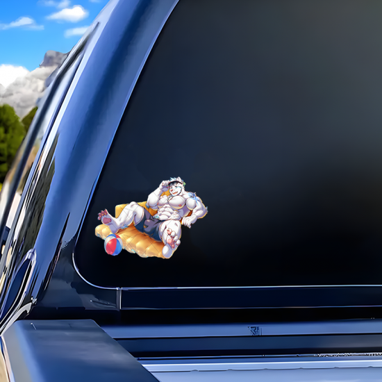 Furry White Tiger Beach Day Sticker, durable and weather-resistant, perfect for outdoor gear and vehicles. Vinyl car decals suitable for cars, motorcycles, laptops, computers, backpacks, water bottles, and more.