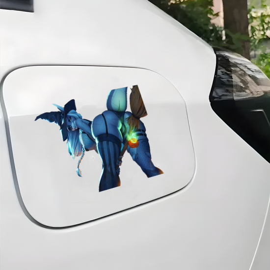 Furry Witch Girl With Broom Car Decal Sticker, durable sticker for toolboxes, hard hats, and construction gear. Vinyl car decals suitable for cars, motorcycles, laptops, computers, backpacks, water bottles, and more.