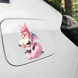 Pink Furry Girl with Wings and Sports Car Sticker, suitable for hard luggage, carry-ons, and travel accessories. Vinyl car decals suitable for cars, motorcycles, laptops, computers, backpacks, water bottles, and more.
