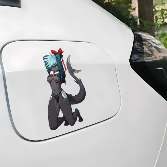 Shark Girl Pinup Sticker / Decal, adheres well to plastic, metal, wood, glass, and ceramic surfaces. Vinyl car decals suitable for cars, motorcycles, laptops, computers, backpacks, water bottles, and more.