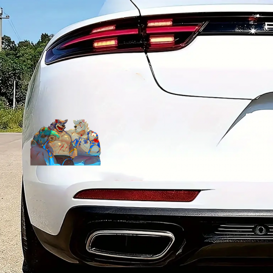 Furry Wolf Duo Car Decal Sticker, versatile decal for tablets, smartphones, and power banks. Vinyl car decals suitable for cars, motorcycles, laptops, computers, backpacks, water bottles, and more.