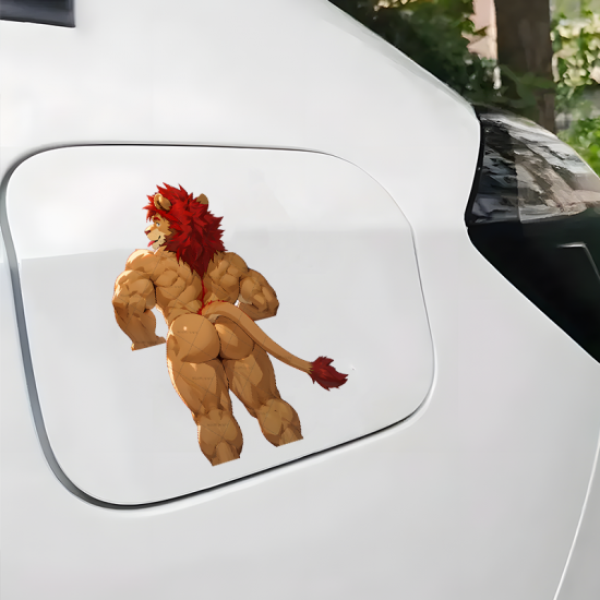 Muscular Lion Anthro with Sports Car Sticker, water-proof and sun-proof, great for car windows and bumpers. Vinyl car decals suitable for cars, motorcycles, laptops, computers, backpacks, water bottles, and more.