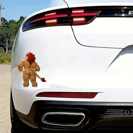 Muscular Lion Anthro with Sports Car Sticker, water-proof and sun-proof, great for car windows and bumpers. Vinyl car decals suitable for cars, motorcycles, laptops, computers, backpacks, water bottles, and more.