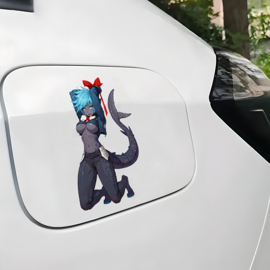 Anime Shark Girl with Bow Car Decal Sticker, ideal for water bottles, hydro flasks, phones, tablets, and car bumpers. Vinyl car decals suitable for cars, motorcycles, laptops, computers, backpacks, water bottles, and more.