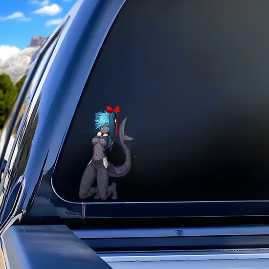 Anime Shark Girl with Bow Car Decal Sticker, ideal for water bottles, hydro flasks, phones, tablets, and car bumpers. Vinyl car decals suitable for cars, motorcycles, laptops, computers, backpacks, water bottles, and more.