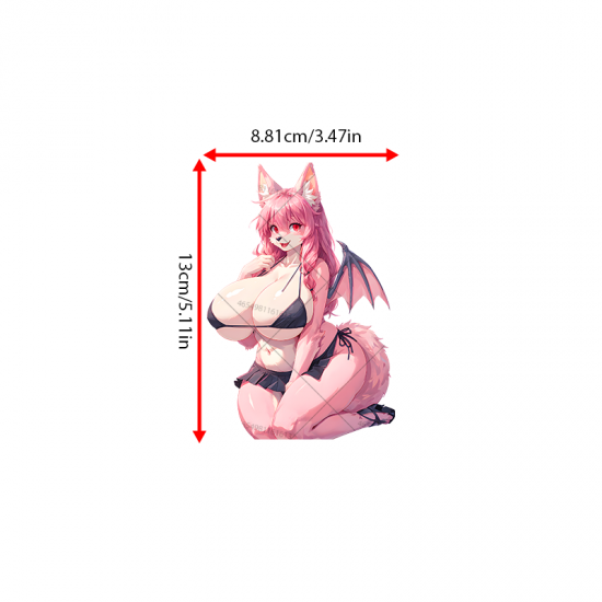 Pink Furry Girl with Bat Wings and Sports Car Sticker, residue-free removal, perfect for rented spaces and laptops. Vinyl car decals suitable for cars, motorcycles, laptops, computers, backpacks, water bottles, and more.