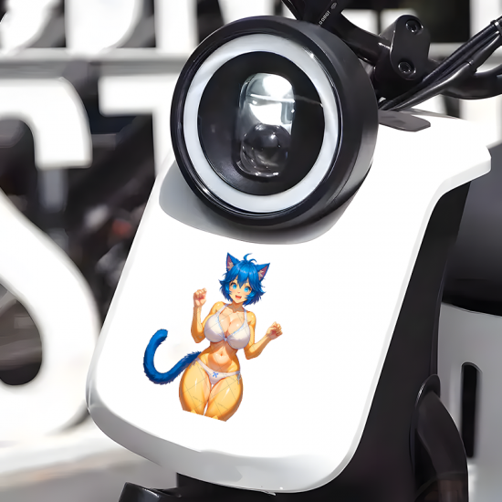Blue Haired Anime Catgirl Bikini Sticker, cute design suitable for party favors, goodie bags, and rewards. Vinyl car decals suitable for cars, motorcycles, laptops, computers, backpacks, water bottles, and more.