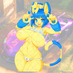 Blue and Yellow Furry Girl with Sports Car Sticker, great for musical instruments like guitar cases, drums, and pianos. Vinyl car decals suitable for cars, motorcycles, laptops, computers, backpacks, water bottles, and more.