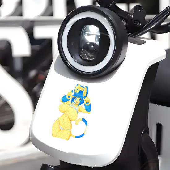 Blue and Yellow Furry Girl with Sports Car Sticker, great for musical instruments like guitar cases, drums, and pianos. Vinyl car decals suitable for cars, motorcycles, laptops, computers, backpacks, water bottles, and more.