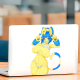 Blue and Yellow Furry Girl with Sports Car Sticker, great for musical instruments like guitar cases, drums, and pianos. Vinyl car decals suitable for cars, motorcycles, laptops, computers, backpacks, water bottles, and more.