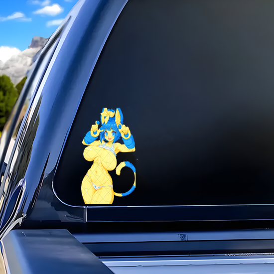 Blue and Yellow Furry Girl with Sports Car Sticker, great for musical instruments like guitar cases, drums, and pianos. Vinyl car decals suitable for cars, motorcycles, laptops, computers, backpacks, water bottles, and more.