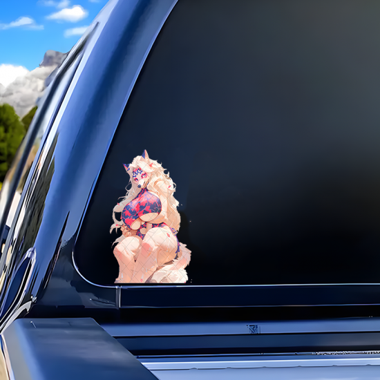 Anthro Wolf Girl Bikini Car Sticker Decal, suitable for decorating envelopes, letters, and invitation cards. Vinyl car decals suitable for cars, motorcycles, laptops, computers, backpacks, water bottles, and more.