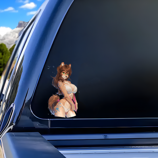 Furry Girl with Supercar Sticker, great for adding a pop of color to your fridge or freezer. Vinyl car decals suitable for cars, motorcycles, laptops, computers, backpacks, water bottles, and more.