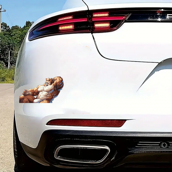 Muscular Bear Relaxing on Car Sticker/Decal, ideal for motivational boards, vision boards, and wall art. Vinyl car decals suitable for cars, motorcycles, laptops, computers, backpacks, water bottles, and more.