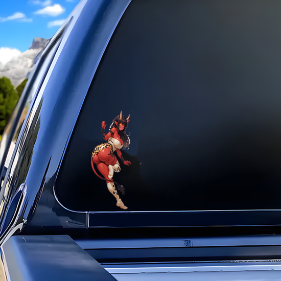 Anime Devil Girl with Sports Car Sticker, fun addition to your scrapbook, photo album, or handmade cards. Vinyl car decals suitable for cars, motorcycles, laptops, computers, backpacks, water bottles, and more.