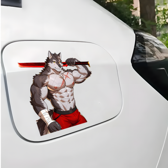 Muscular Wolf Warrior with Sword Sticker, suitable for smooth surfaces like glass, mirrors, windows, and tiles. Vinyl car decals suitable for cars, motorcycles, laptops, computers, backpacks, water bottles, and more.