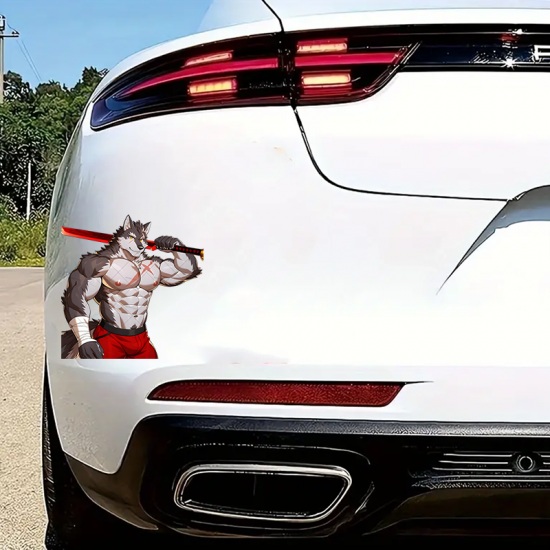 Muscular Wolf Warrior with Sword Sticker, suitable for smooth surfaces like glass, mirrors, windows, and tiles. Vinyl car decals suitable for cars, motorcycles, laptops, computers, backpacks, water bottles, and more.