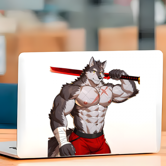 Muscular Wolf Warrior with Sword Sticker, suitable for smooth surfaces like glass, mirrors, windows, and tiles. Vinyl car decals suitable for cars, motorcycles, laptops, computers, backpacks, water bottles, and more.