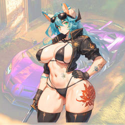 Anime Fox Girl with Sports Car Decal/Sticker, ideal for customizing your airpods case or headphone stand. Vinyl car decals suitable for cars, motorcycles, laptops, computers, backpacks, water bottles, and more.