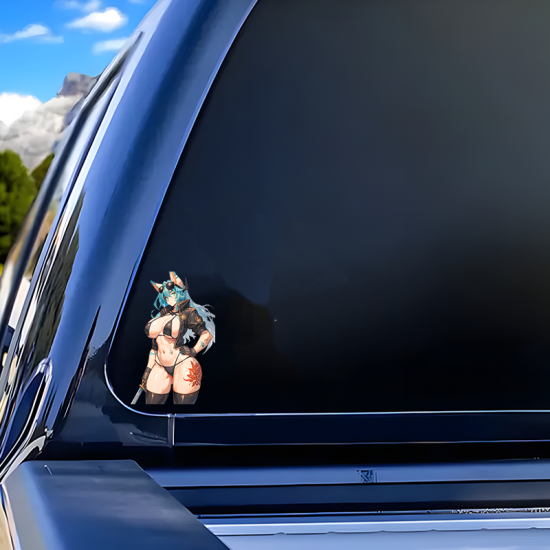 Anime Fox Girl with Sports Car Decal/Sticker, ideal for customizing your airpods case or headphone stand. Vinyl car decals suitable for cars, motorcycles, laptops, computers, backpacks, water bottles, and more.