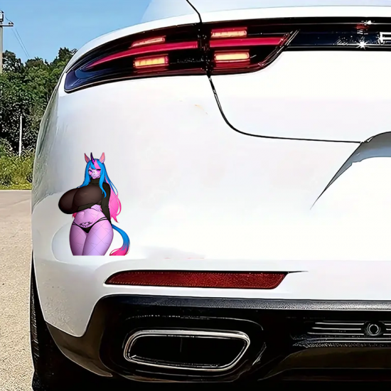 Anthro Unicorn Girl with Sports Car Sticker, ideal for motivational boards, vision boards, and wall art. Vinyl car decals suitable for cars, motorcycles, laptops, computers, backpacks, water bottles, and more.