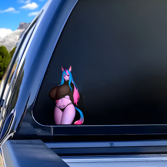 Anthro Unicorn Girl with Sports Car Sticker, ideal for motivational boards, vision boards, and wall art. Vinyl car decals suitable for cars, motorcycles, laptops, computers, backpacks, water bottles, and more.
