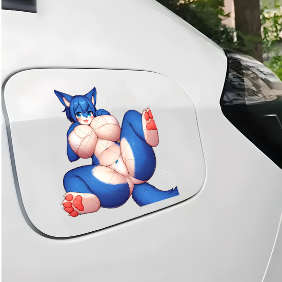 Blue Furry Cat Girl Sexy Lying Down Sticker, waterproof vinyl decal for cars, motorcycles, bicycles, and helmets. Vinyl car decals suitable for cars, motorcycles, laptops, computers, backpacks, water bottles, and more.