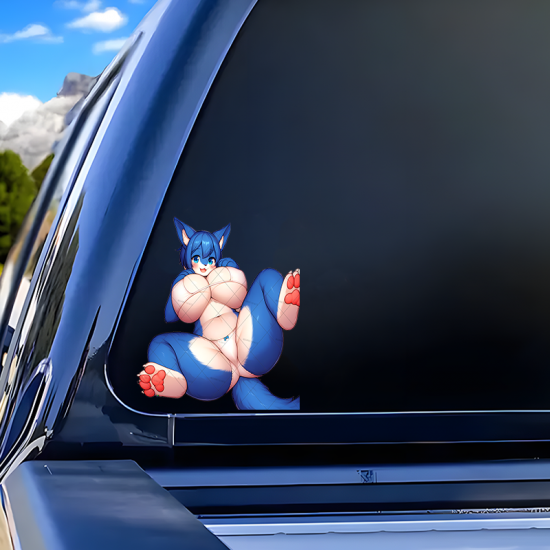 Blue Furry Cat Girl Sexy Lying Down Sticker, waterproof vinyl decal for cars, motorcycles, bicycles, and helmets. Vinyl car decals suitable for cars, motorcycles, laptops, computers, backpacks, water bottles, and more.