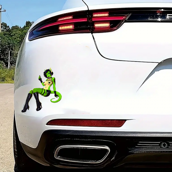 Green Lizard Girl on Car Sticker, cool decal for skateboards, snowboards, surfboards, and longboards. Vinyl car decals suitable for cars, motorcycles, laptops, computers, backpacks, water bottles, and more.