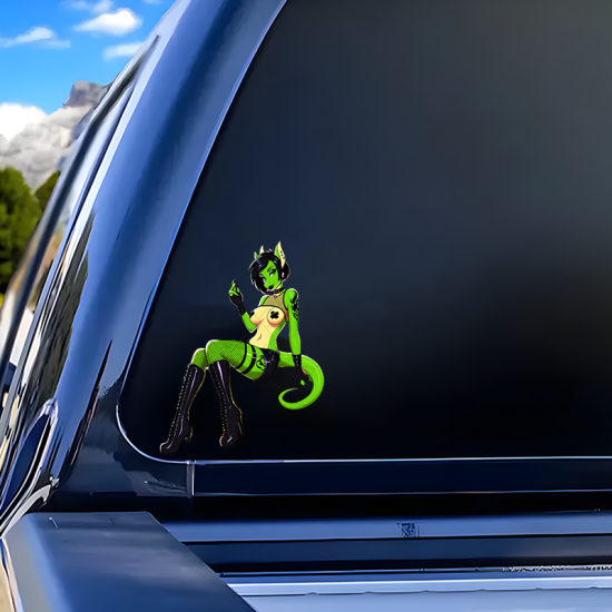 Green Lizard Girl on Car Sticker, cool decal for skateboards, snowboards, surfboards, and longboards. Vinyl car decals suitable for cars, motorcycles, laptops, computers, backpacks, water bottles, and more.