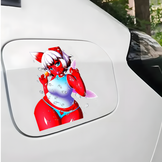 Red Furry Girl with Lollipops and Car Sticker, excellent for decorating bedroom doors, lockers, and furniture. Vinyl car decals suitable for cars, motorcycles, laptops, computers, backpacks, water bottles, and more.