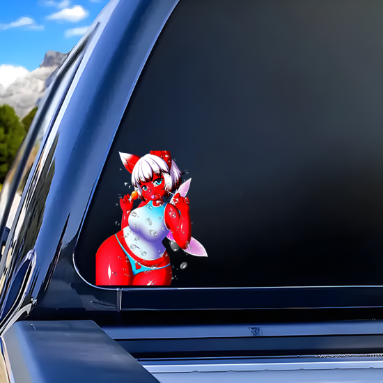 Red Furry Girl with Lollipops and Car Sticker, excellent for decorating bedroom doors, lockers, and furniture. Vinyl car decals suitable for cars, motorcycles, laptops, computers, backpacks, water bottles, and more.