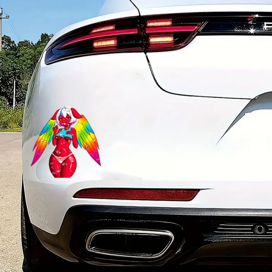 Red Anime Girl with Rainbow Wings Car Decal, suitable for smooth surfaces like glass, mirrors, windows, and tiles. Vinyl car decals suitable for cars, motorcycles, laptops, computers, backpacks, water bottles, and more.
