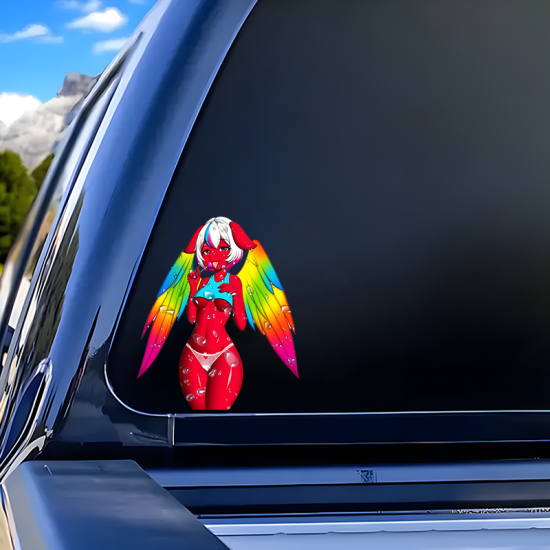 Red Anime Girl with Rainbow Wings Car Decal, suitable for smooth surfaces like glass, mirrors, windows, and tiles. Vinyl car decals suitable for cars, motorcycles, laptops, computers, backpacks, water bottles, and more.