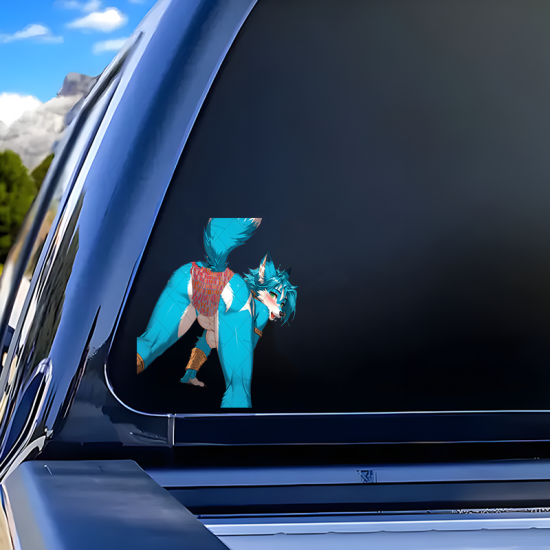 Blue Furry Leaning Over Car Sticker, durable and weather-resistant, perfect for outdoor gear and vehicles. Vinyl car decals suitable for cars, motorcycles, laptops, computers, backpacks, water bottles, and more.