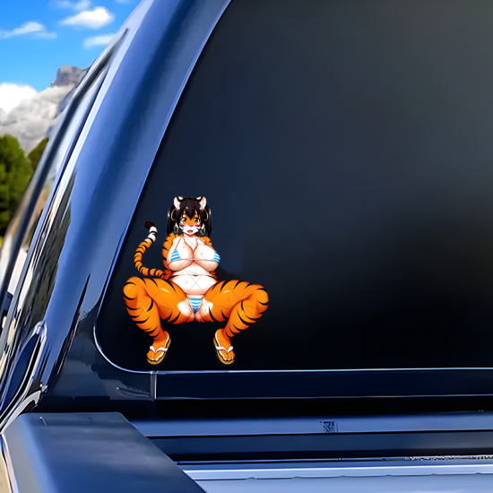 Anime Tiger Girl Bikini Sticker Decal, high definition print suitable for collectors and fans. Vinyl car decals suitable for cars, motorcycles, laptops, computers, backpacks, water bottles, and more.