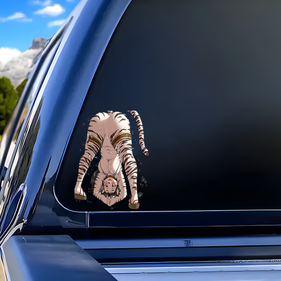 Upside-down Tiger Girl Car Decal, excellent for decorating bedroom doors, lockers, and furniture. Vinyl car decals suitable for cars, motorcycles, laptops, computers, backpacks, water bottles, and more.