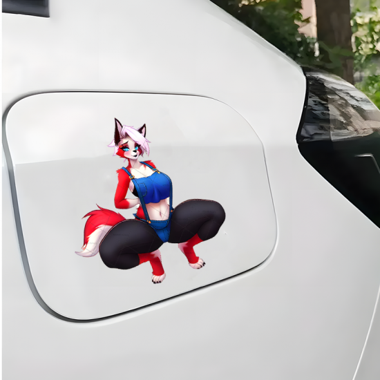 Furry Fox Girl Overalls Car Decal Sticker, suitable for smooth surfaces like glass, mirrors, windows, and tiles. Vinyl car decals suitable for cars, motorcycles, laptops, computers, backpacks, water bottles, and more.