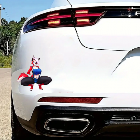 Furry Fox Girl Overalls Car Decal Sticker, suitable for smooth surfaces like glass, mirrors, windows, and tiles. Vinyl car decals suitable for cars, motorcycles, laptops, computers, backpacks, water bottles, and more.