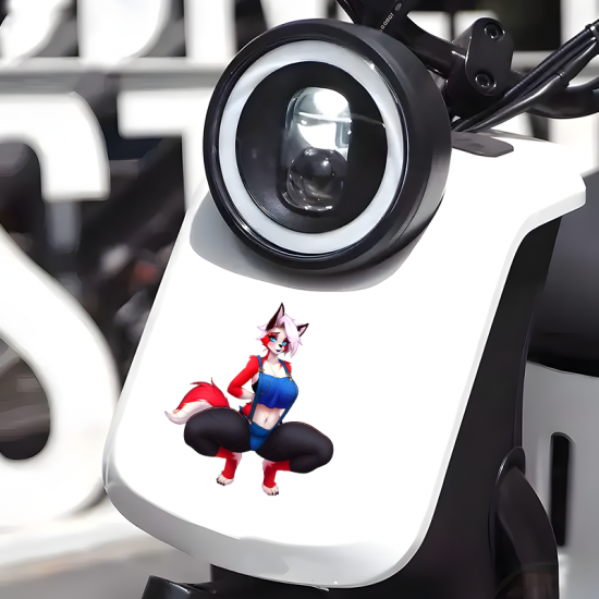 Furry Fox Girl Overalls Car Decal Sticker, suitable for smooth surfaces like glass, mirrors, windows, and tiles. Vinyl car decals suitable for cars, motorcycles, laptops, computers, backpacks, water bottles, and more.