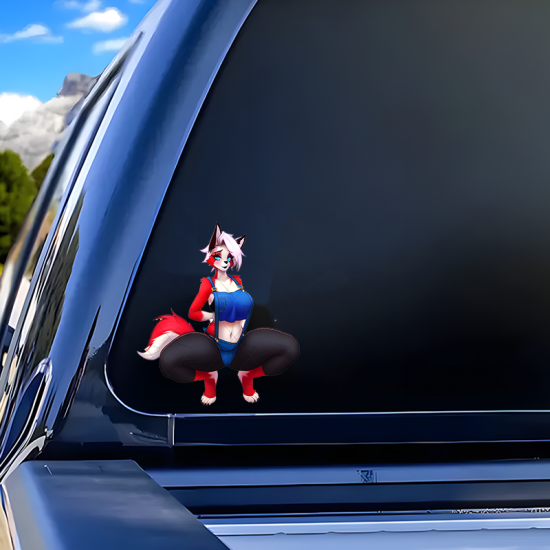 Furry Fox Girl Overalls Car Decal Sticker, suitable for smooth surfaces like glass, mirrors, windows, and tiles. Vinyl car decals suitable for cars, motorcycles, laptops, computers, backpacks, water bottles, and more.