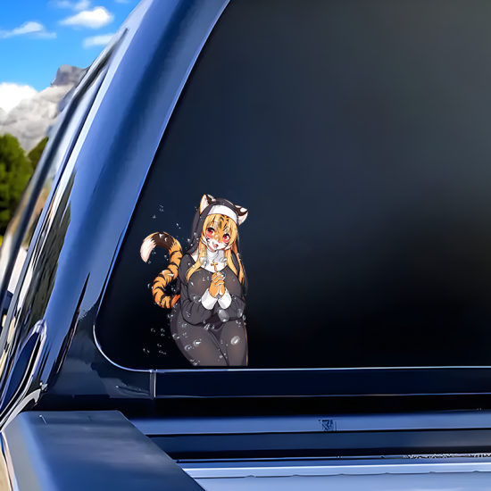 Tiger Nun Anime Car Decal Sticker, great for musical instruments like guitar cases, drums, and pianos. Vinyl car decals suitable for cars, motorcycles, laptops, computers, backpacks, water bottles, and more.
