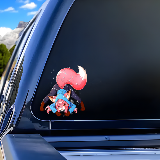 Anime Fox Girl Jack-O Pose Car Decal Sticker, ideal for water bottles, hydro flasks, phones, tablets, and car bumpers. Vinyl car decals suitable for cars, motorcycles, laptops, computers, backpacks, water bottles, and more.