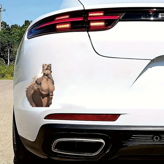 Anthro Wolf Girl with Purple Car Sticker Decal, perfect for customizing hydro flasks and reusable water bottles. Vinyl car decals suitable for cars, motorcycles, laptops, computers, backpacks, water bottles, and more.