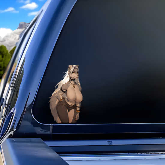 Anthro Wolf Girl with Purple Car Sticker Decal, perfect for customizing hydro flasks and reusable water bottles. Vinyl car decals suitable for cars, motorcycles, laptops, computers, backpacks, water bottles, and more.