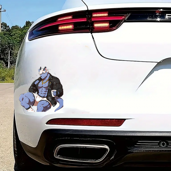 Muscular Furry Wolfman with Coffee Sticker, adheres well to plastic, metal, wood, glass, and ceramic surfaces. Vinyl car decals suitable for cars, motorcycles, laptops, computers, backpacks, water bottles, and more.