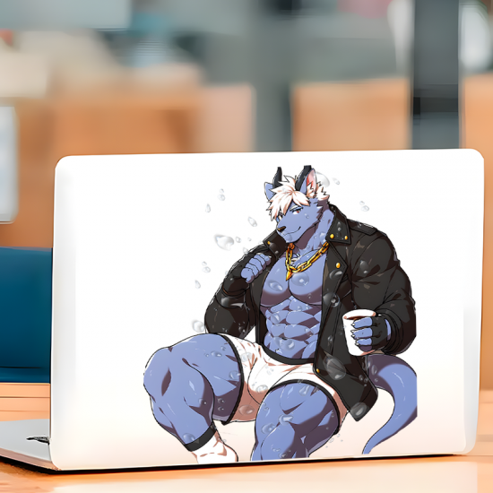 Muscular Furry Wolfman with Coffee Sticker, adheres well to plastic, metal, wood, glass, and ceramic surfaces. Vinyl car decals suitable for cars, motorcycles, laptops, computers, backpacks, water bottles, and more.