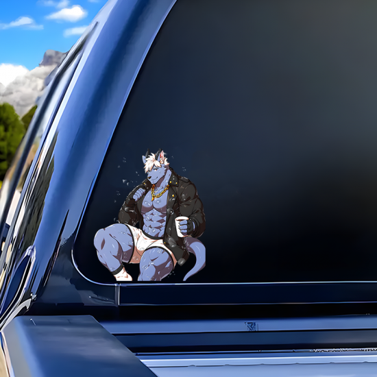Muscular Furry Wolfman with Coffee Sticker, adheres well to plastic, metal, wood, glass, and ceramic surfaces. Vinyl car decals suitable for cars, motorcycles, laptops, computers, backpacks, water bottles, and more.