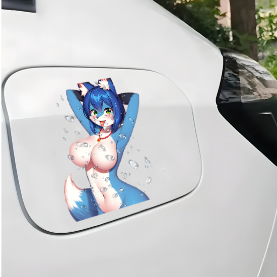 Blue Furry Girl Wet Car Decal Sticker, versatile decal for tablets, smartphones, and power banks. Vinyl car decals suitable for cars, motorcycles, laptops, computers, backpacks, water bottles, and more.